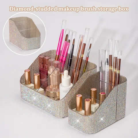 Rhinestone Makeup Brush Organizer Box Desktop Multi Grid Cosmetic Storage Case For Vanity Dressing Table Acrylic Nail Tool Organizer Holder