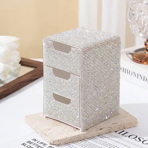 3-Layer Rhinestone Desktop Storage Box Bling Plastic Jewelry Cosmetic Organizer Drawer Case For Women Office Home Decor