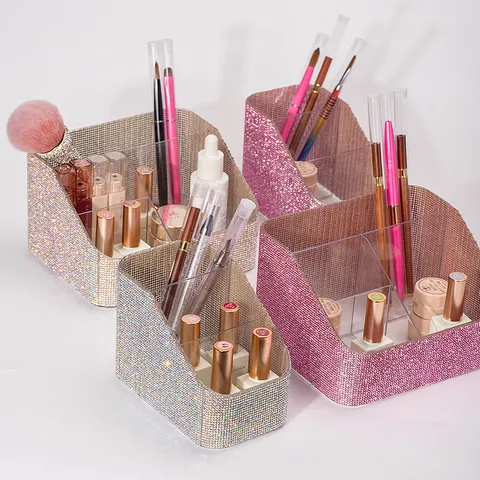 Rhinestone Makeup Brush Organizer Box Desktop Multi Grid Cosmetic Storage Case For Vanity Dressing Table Acrylic Nail Tool Organizer Holder