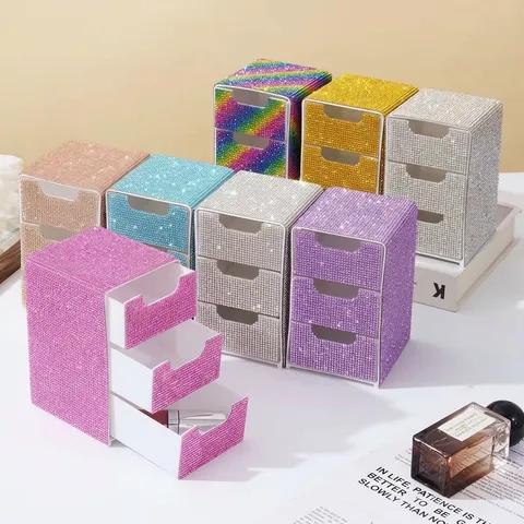 3-Layer Rhinestone Desktop Storage Box Bling Plastic Jewelry Cosmetic Organizer Drawer Case For Women Office Home Decor