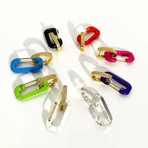 Fashion Ins Colorful Enamel Safety Pin Stud Earrings For Women Personalized Brass Rhinestone Geometric Dangle Earrings Jewelry Gift