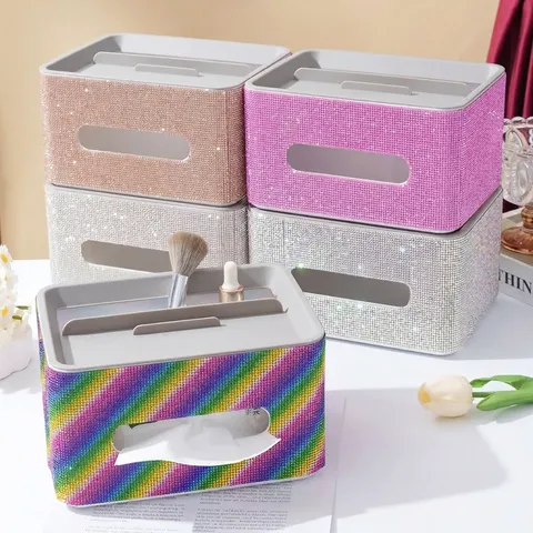 Luxury Rhinestone Tissue Box Multi-Functional Desktop Remote Control Storage Organizer For Living Room Home Decor Paper Towel Holder