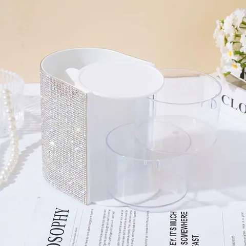 Luxury Rhinestone Makeup Organizer Box Rotating Cosmetic Storage Case Desktop Jewelry Display Box Large Capacity Acrylic Dressing Table Stationery Organizer