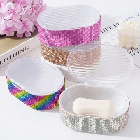 Luxury Rhinestone Soap Box With Transparent Lid Dustproof Drainage Soap Dish Plastic Soap Holder Storage Case For Bathroom