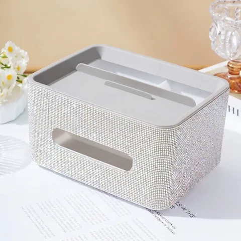 Luxury Rhinestone Tissue Box Multi-Functional Desktop Remote Control Storage Organizer For Living Room Home Decor Paper Towel Holder