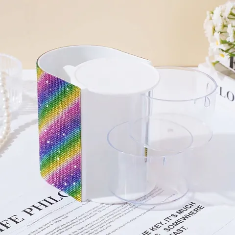 Luxury Rhinestone Makeup Organizer Box Rotating Cosmetic Storage Case Desktop Jewelry Display Box Large Capacity Acrylic Dressing Table Stationery Organizer