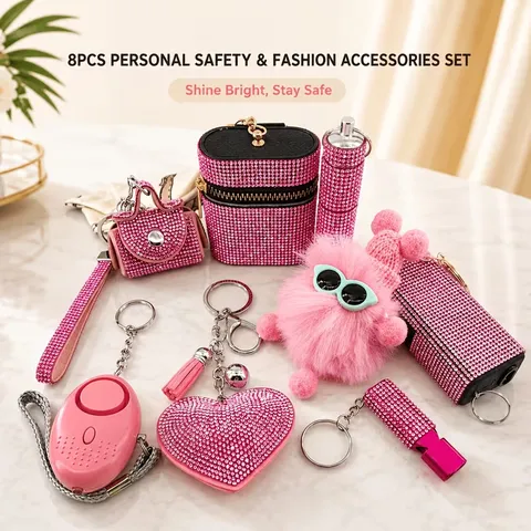 Vrouwen Persoonlijke Veiligheid Sleutelhanger Strass Hart Leren Zakje Noodalarm Fluitje Pom Pom Mode Bescherming Accessoire