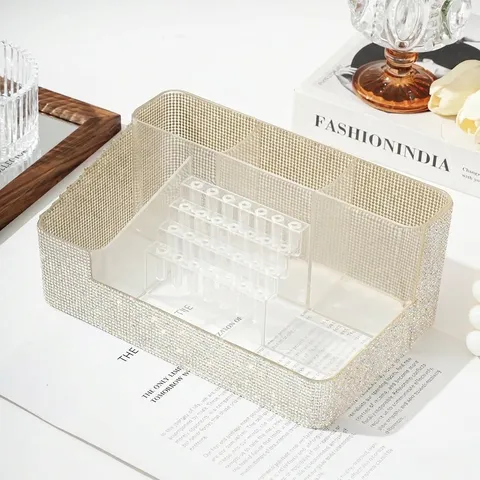Nail Art Storage Box Multi-Functional Desktop Organizer With Rhinestone Pearl Decor Drill Bit Holes Acrylic Polish Case