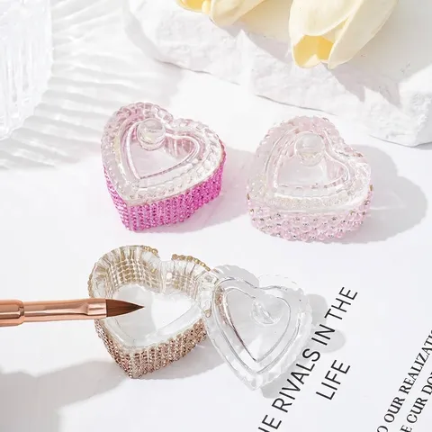 Japanese Style Heart Glass Nail Art Dappen Dish With Lid Rhinestone Artificial Pearl Decorated Crystal Liquid Cup For Color Mixing Wash Pen Manicure Tool
