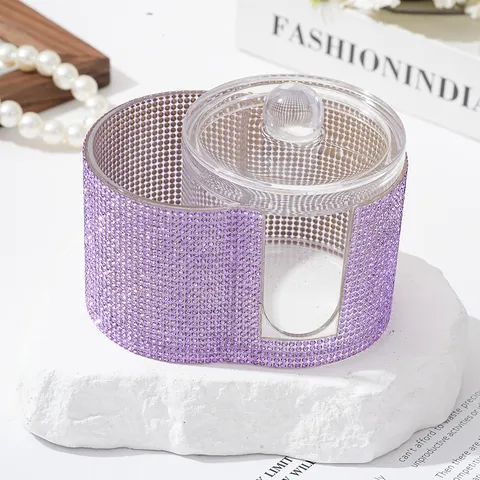 Boîte de Rangement pour Cotons-Tiges à Double Compartiment avec Strass Couvercle Transparent 2-En-1 Organisateur de Maquillage pour Coiffeuse