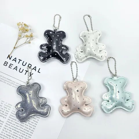 3D Cartoon Bear Keychain Glitter Artificial Leather Bag Charm Pendant With Rhinestones Giraffe Pattern Bag Accessories Gift For Women
