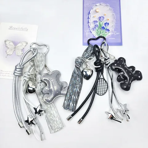 Sweet DIY Leather Heart Star Keychain Bow Bear Bag Charm Handmade Rhinestone Keyring Pendant For Women Fashion Accessory