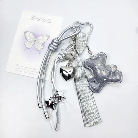 Sweet DIY Leather Heart Star Keychain Bow Bear Bag Charm Handmade Rhinestone Keyring Pendant For Women Fashion Accessory