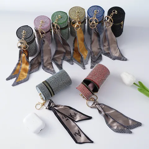 Luxurious Rhinestone Encrusted Mini Pouch Keychain With Satin Scarf Decor Alloy Lipstick Bag Charm Cylindrical Key Ring Women Jewelry Accessory