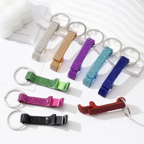 Creative Aluminum Alloy Rhinestone Bottle Opener Keychain For Men Women Car Hanging Ornament Multi-Functional Beer Opener Key Ring Fashion Accessory Gift