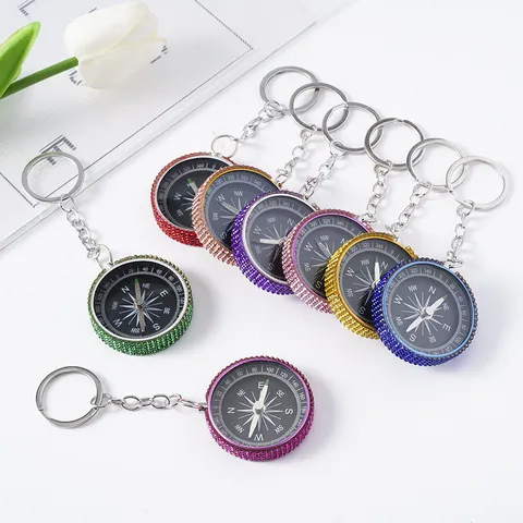 Mini Aluminum Alloy Outdoor Compass Keychain Fashion Rhinestone Inlaid Navigation Compass For Men Women Gift Camping Accessories