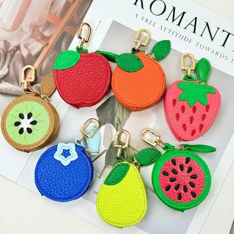 Cute Mini Fruit Shape PU Leather Coin Purse Strawberry Watermelon Earphone Storage Bag Creative Key Ring Pendant Bag Accessory