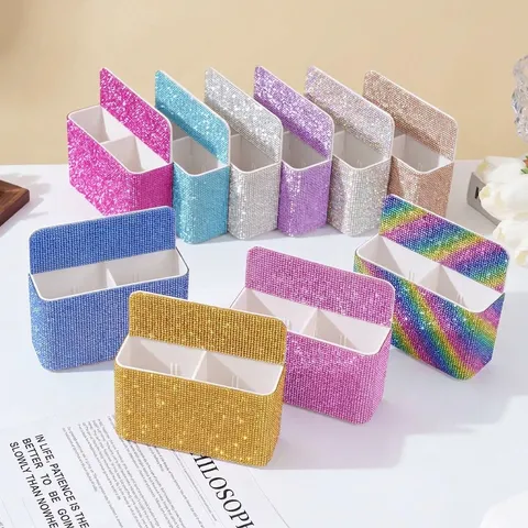 Magnetic Rhinestone Pen Holder Double Compartment Desktop Storage Box Whiteboard Blackboard Hanging Organizer Plastic Rhinestone Stationery Holder
