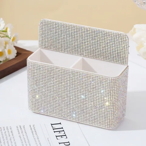 Magnetic Rhinestone Pen Holder Double Compartment Desktop Storage Box Whiteboard Blackboard Hanging Organizer Plastic Rhinestone Stationery Holder