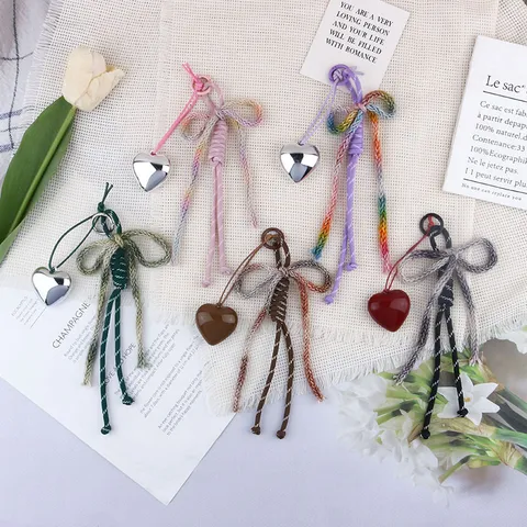 Woven Cotton Rope Bow Heart Bag Charm Pendant Keychain For Women Aesthetic Phone Charm Individual Car Decor Key Ring Gift