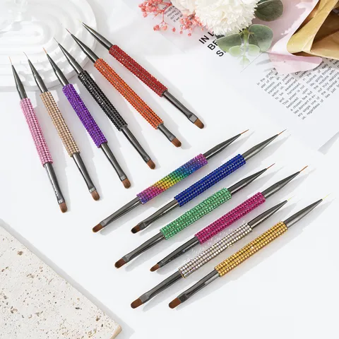 Dual-Ended Nail Art Brush Rhinestone Acrylic Handle Liner And Flat Angled Painting Drawing Pen For UV Gel DIY Manicure Tool