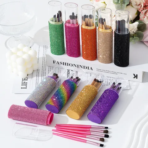 Rhinestone Case Synthetic Fiber Makeup Brushes Portable Aluminum Tube Powder Eyeshadow Brush Collection Travel Beauty Tools