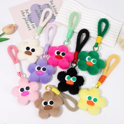 Creative Cute Plush Flower Bag Charm Cartoon Big Eyes Smile Face Pendant For Handbag Backpack Keychain Accessory For Women Girls