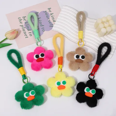 Creative Cute Plush Flower Bag Charm Cartoon Big Eyes Smile Face Pendant For Handbag Backpack Keychain Accessory For Women Girls