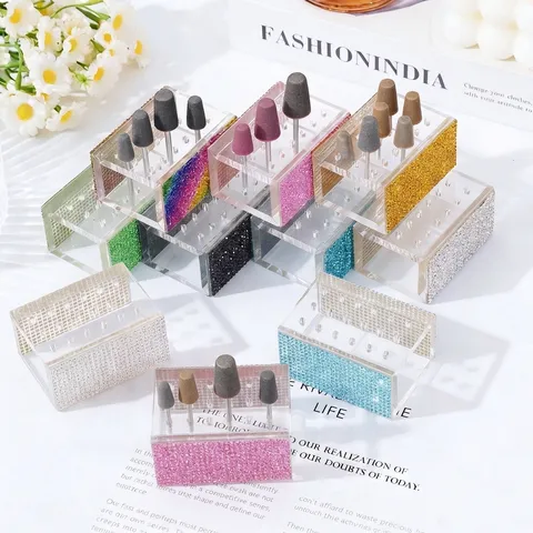 Acrylic Multi Hole Nail Drill Bit Organizer Inlaid Rhinestone Manicure Tool Storage Case Simple Ins Style Desktop Display Box