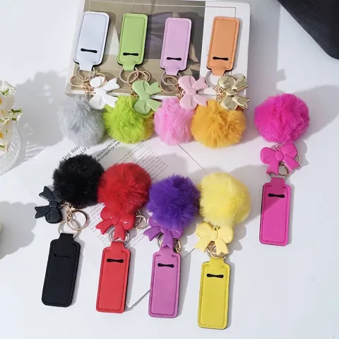 Lipstick Holder Keychain Set With Faux Fur Ball Bow Bag Charms For Women Fashion Accessory Heart Pattern Bag Pendant