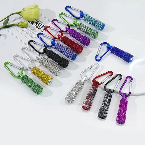 Mini LED Fashion Rhinestone Flashlight Keychain With Metal Carabiner Portable Emergency Torch Key Ring Pendant For Women Men