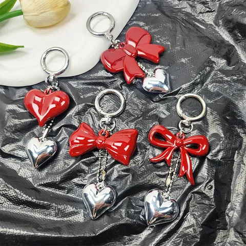 Red Bow Heart Keychain Acrylic Alloy Bag Pendant Silver Heart Charm Accessories For Women Dongdaemun Style Fashion Jewelry