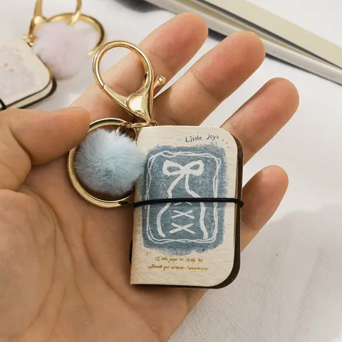 Cute Mini Notebook Keychain PU Leather Diary Book Pendant With Plush Ball Bag Accessory Creative Gift