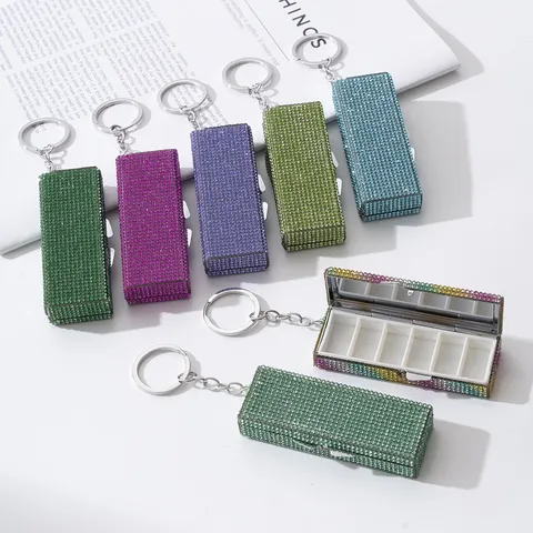 Pastillero Portátil de 7 Días Llavero con Strass y Espejo de Aleación de Aluminio para Viaje Mujer