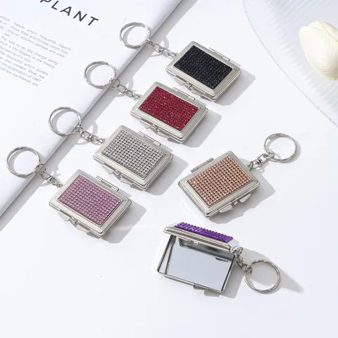 Rhinestone Mini Makeup Mirror Keychain Folding Metal Mirror Pendant Portable Pocket Mirror For Women Bag Accessories