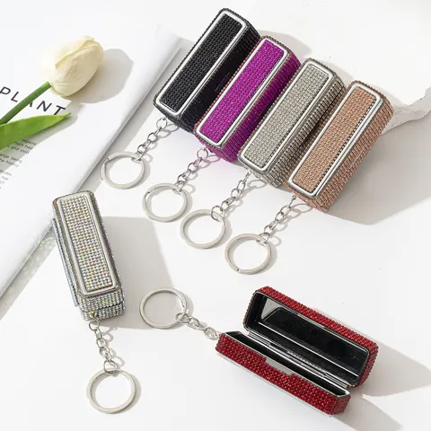 Luxus Strass Lippenstiftetui Aufbewahrungsbox Mit Make-up Spiegel Kreative Kristall Leerbox Schlüsselanhänger Tasche Anhänger Geschenk Für Damen