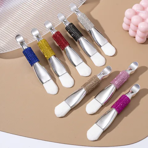 Luxurious Dual-Ended Facial Mask Brush Soft Bristles Silicone Head Metal Scoop Rhinestone Handle Skin Care Makeup Tool
