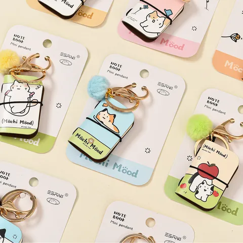Mini PU Leather Notebook Keychain Cute Cartoon Cat Pocket Diary Pendant With Plush Ball Bag Accessory Key Ring Gift