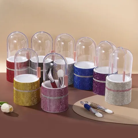 Luxurious Rhinestone Makeup Brush Holder With Dustproof Lid Capsule Shape Plastic Makeup Organizer Glitter Storage Box For Women