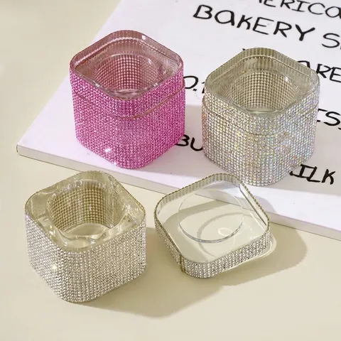 Quadratischer Glas Nagelkunst Reinigungsbecher Mit Deckel Strass Eingelegt Transparente Schmuck Aufbewahrungsbox Nagelwerkzeug Damen Deko