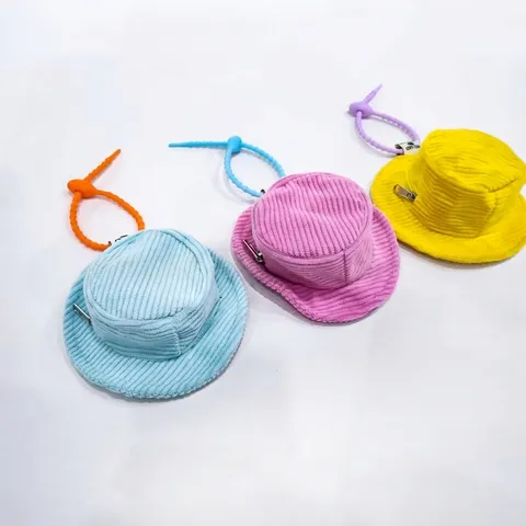 Creative Corduroy Mini Fisherman Hat Earphone Bag Keychain Smile Face Coin Purse Portable Bag For Women Backpack Pendant