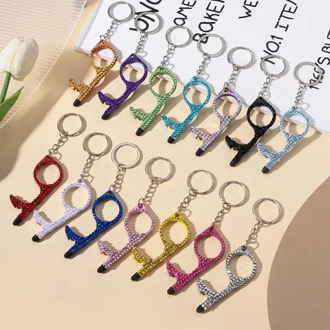 Multifunctional No-Touch Door Opener Keychain Double-Sided Rhinestone Metal Alloy Key Ring Stylus Tool For Daily Use Women