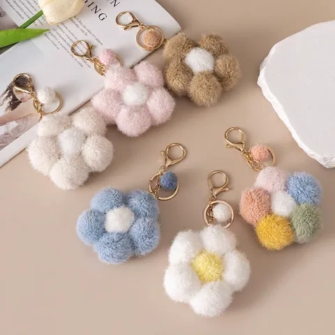 Creative Plush Flower Pom Pom Keychain Colorful Soft Flower Bag Pendant Car Keyring Accessories For Women Girls Gift