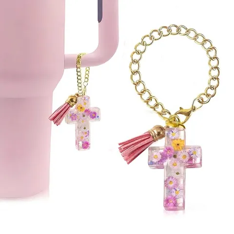 Floral Transparent Resin Cross Keychain Charm For Stanley Cup Handle Pendant With Tassel Natural Dried Flower Inlaid Gold Keyring Jewelry Gift For Women