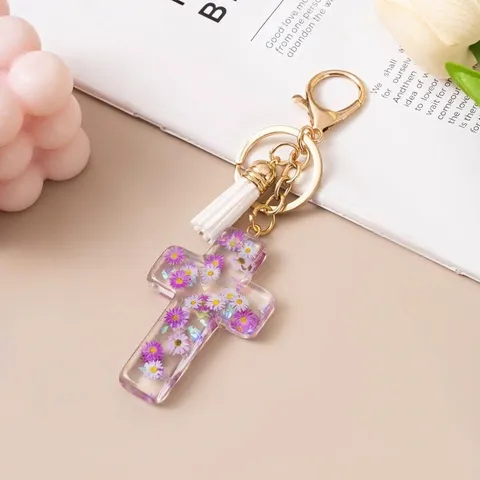Floral Transparent Resin Cross Keychain Charm For Stanley Cup Handle Pendant With Tassel Natural Dried Flower Inlaid Gold Keyring Jewelry Gift For Women
