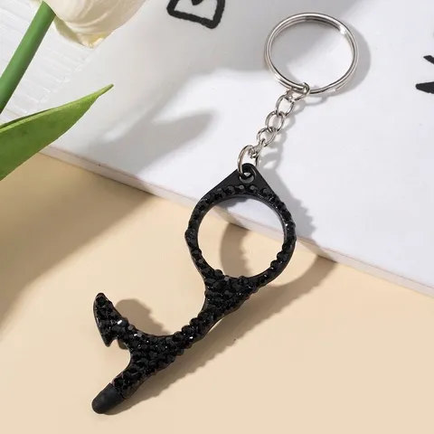 Multifunctional No-Touch Door Opener Keychain Double-Sided Rhinestone Metal Alloy Key Ring Stylus Tool For Daily Use Women