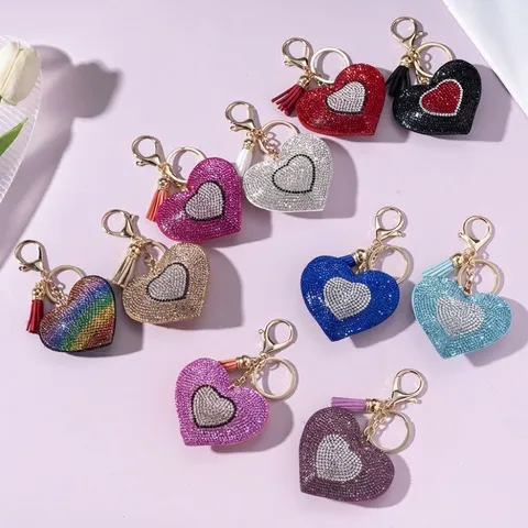 Fashion Metal Heart Shape Rhinestone Keychain Double Color Inlaid Crystal Heart Keyring With Tassel Pendant For Bag Car Women Gift