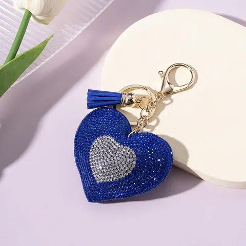 Fashion Metal Heart Shape Rhinestone Keychain Double Color Inlaid Crystal Heart Keyring With Tassel Pendant For Bag Car Women Gift