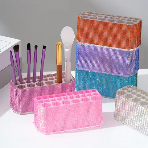 Luxurious Rhinestone Encrusted Acrylic Makeup Brush Holder Multi Hole Clear Eyebrow Pencil Organizer Eyeliner Display Stand Vanity Desktop Storage