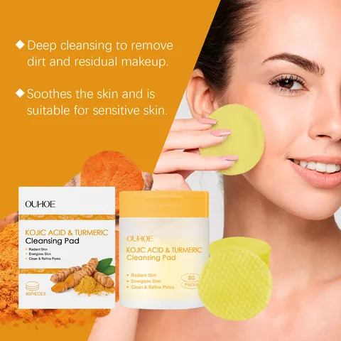 Almohadillas Limpiadoras Faciales OUHOE Kojic Acid y Turmeric Limpieza Profunda Cuidado de la Piel
